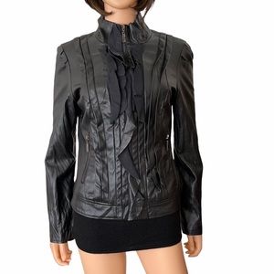 Cartise Black Vegan Leather Ruffle Front Zip Jacket - Soft Tailored Moto